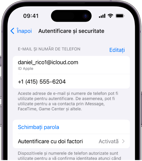 Ecranul unui iPhone afișând autentificarea cu doi factori activată.