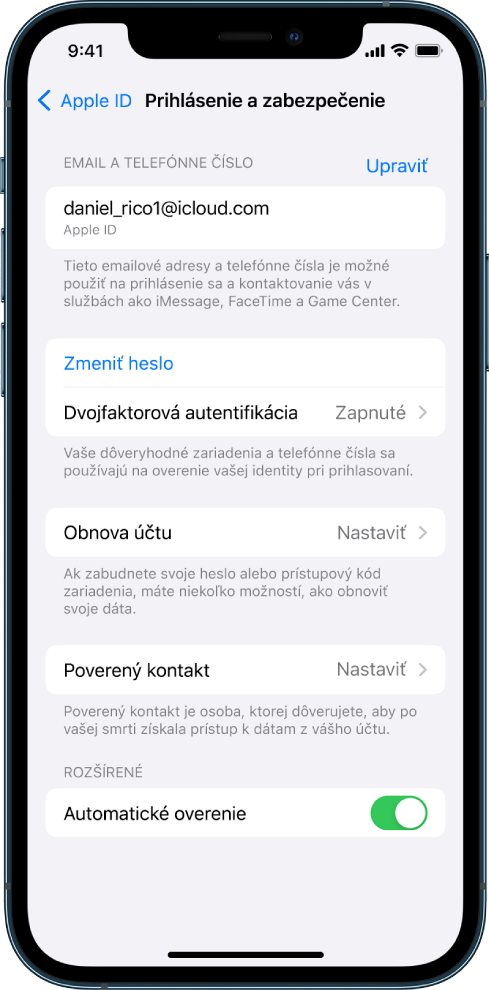 Obrazovka iPhonu s vypnutou dvojfaktorovou autentifikáciou.