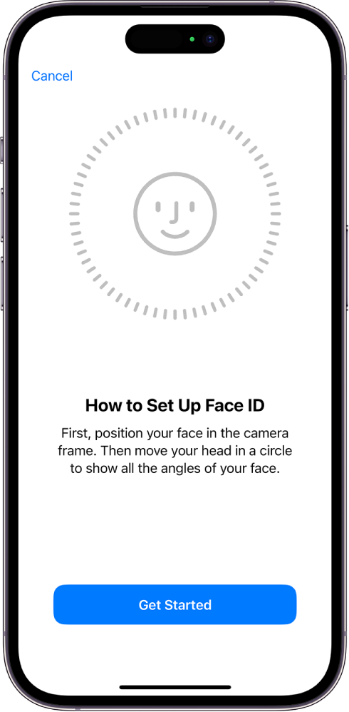 The Face ID recognition setup screen. A face is showing on the screen, enclosed in a circle. Text below that instructs the user to move their head slowly to complete the circle. A button for Accessibility Options appears near the bottom of the screen.