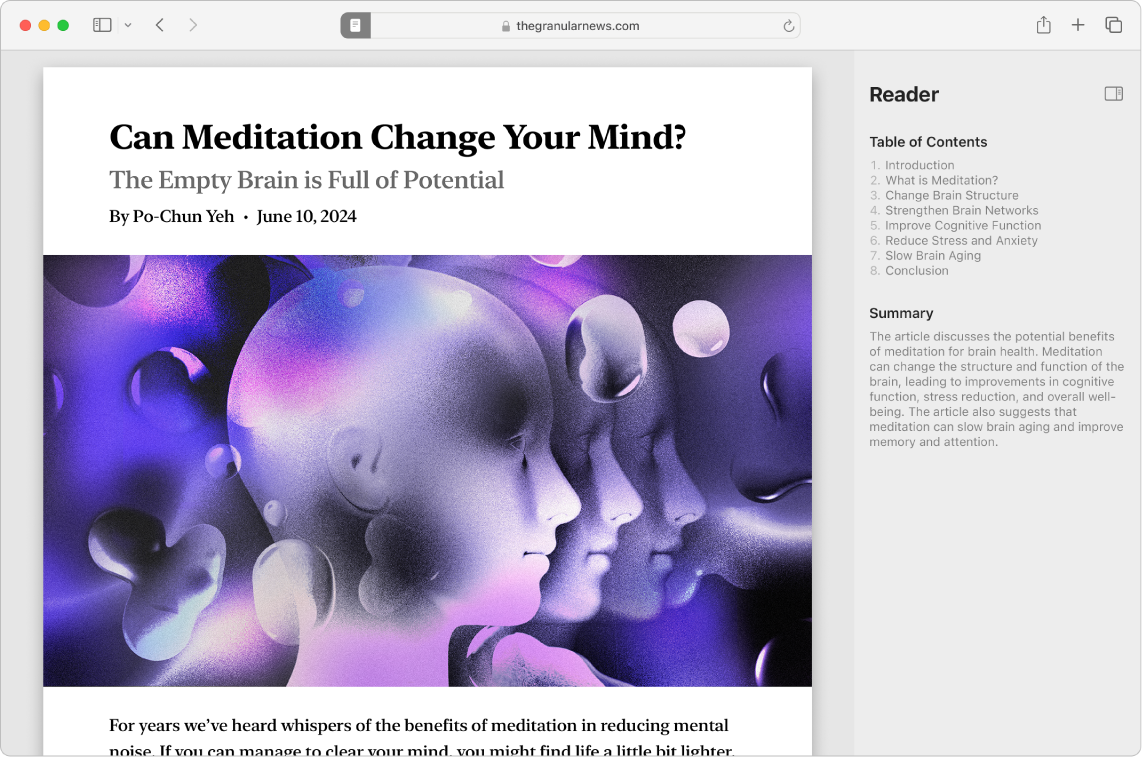 Safari App 視窗顯示更新的 Safari「閱讀器」。文章右側為閱讀器產生的文章目錄和摘要。