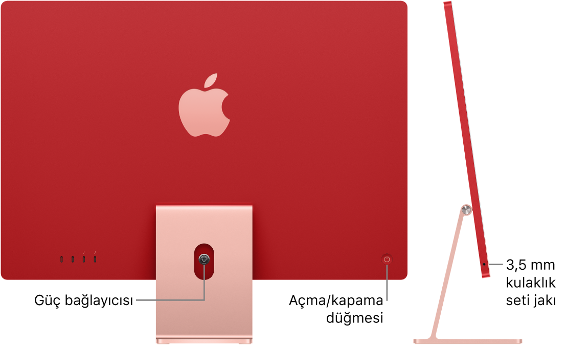 iMac’in güç bağlayıcısını ve açma/kapama düğmesini gösteren arkadan görünümü. Onun yanında, kulaklık jakını gösteren yandan görünüm var.