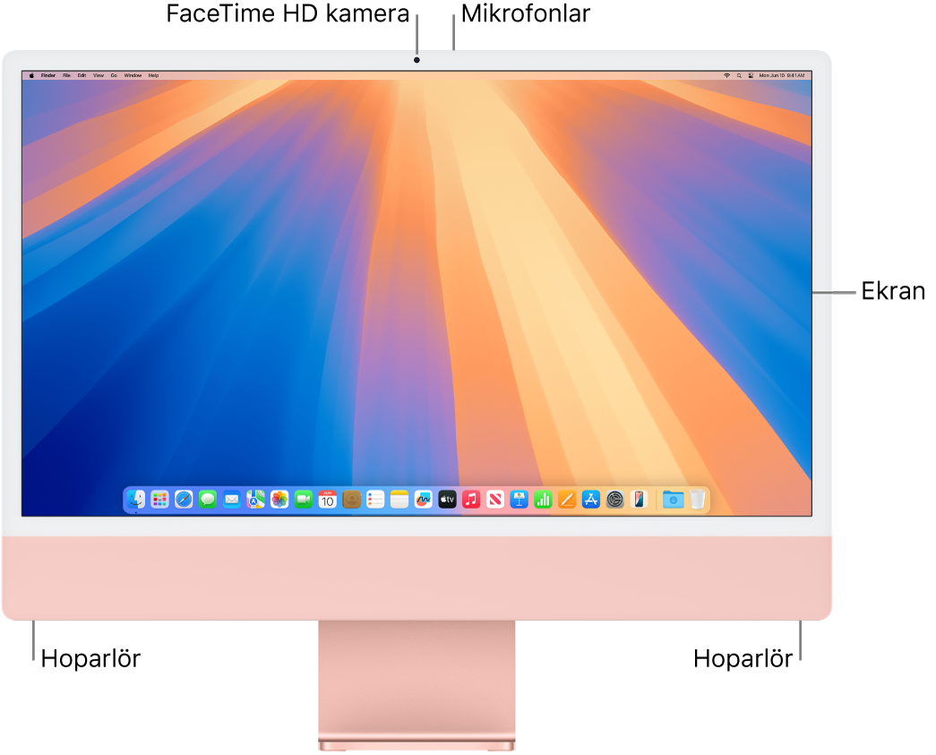 iMac’in ekran, kamera, mikrofonlar ve hoparlörleri gösteren önden görünümü.