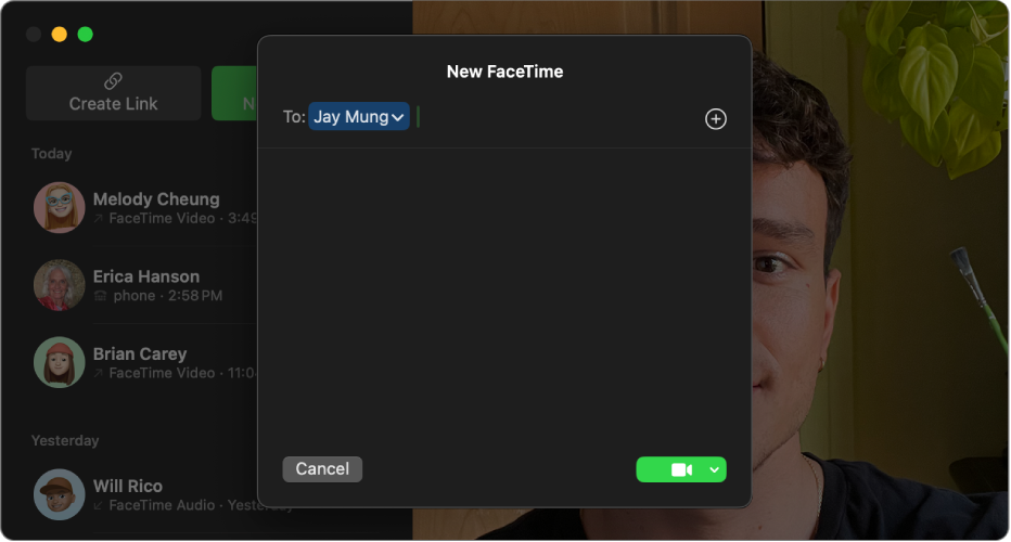 A New FaceTime call window, showing the option to start a FaceTime video call or a FaceTime audio call.