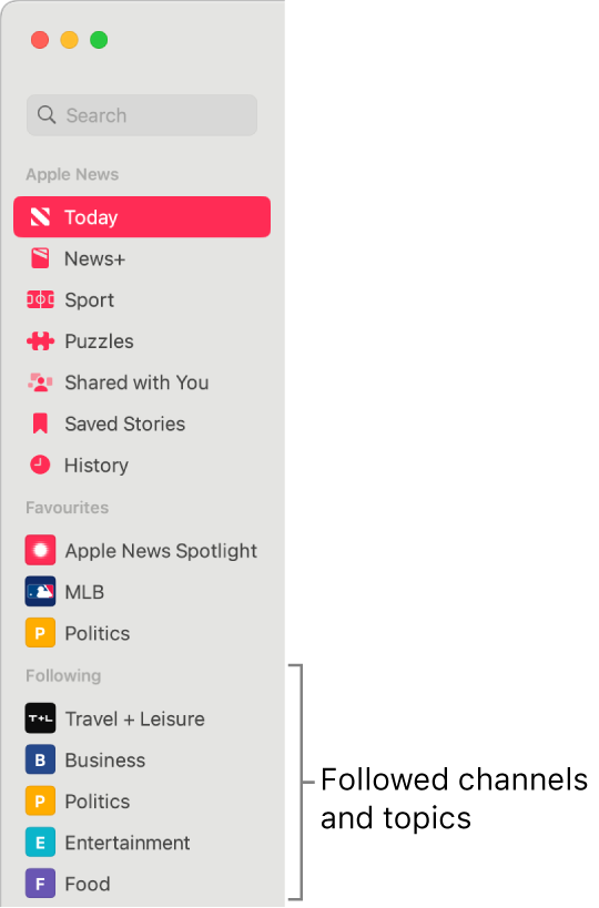 The Apple News sidebar showing followed channels and topics.