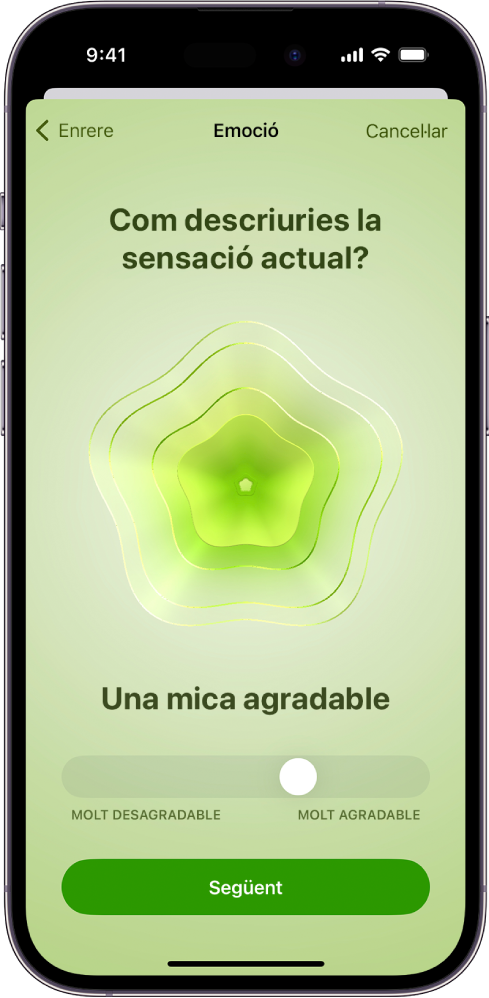 Pantalla de l’app Salut en què s’identifica l’estat d’ànim d’aquell moment com a “Una mica agradable”. A la part inferior de la pantalla hi ha un regulador per ajustar el nivell de l’emoció.