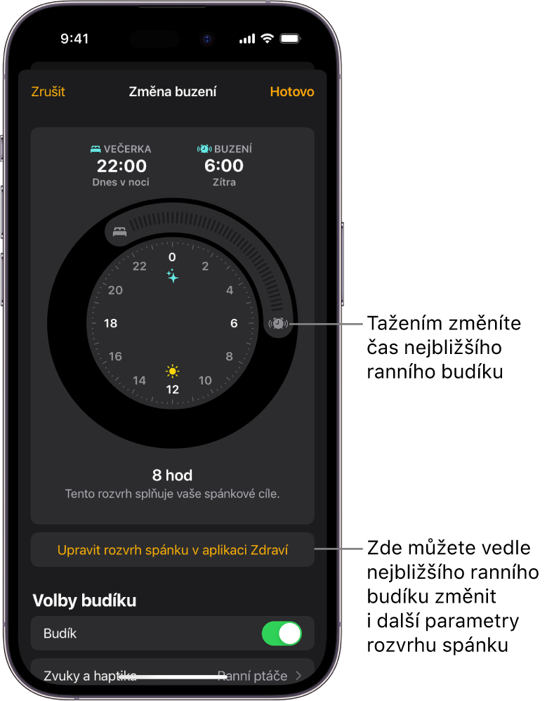 Obrazovka pro změnu zítřejšího ranního budíku s tlačítky, jejichž přetažením lze změnit časy večerky a buzení, tlačítkem pro změnu rozvrhu spánku v aplikaci Zdraví a tlačítkem, kterým se ranní budík vypíná a zapíná