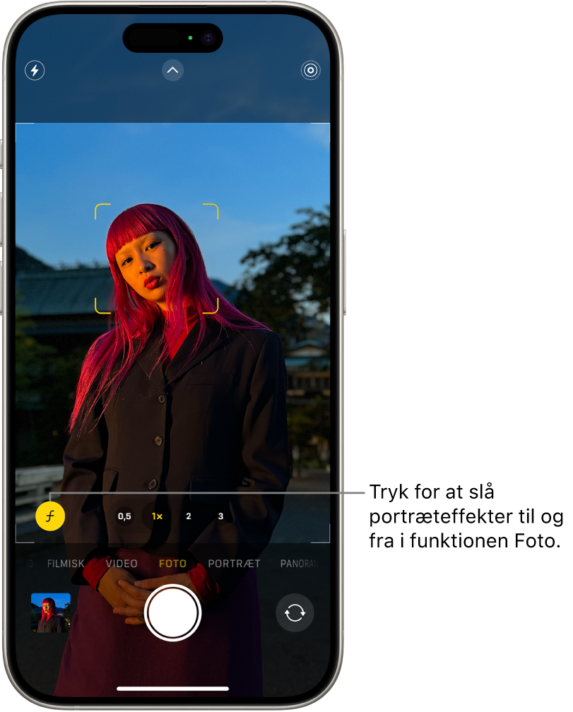 Kameraskærmen er i Fotofunktion, i søgeren er motivet skarpt, og baggrunden er sløret. I nederste venstre hjørne af søgeren er knappen Dybde valgt, så du kan anvende portræteffekten.