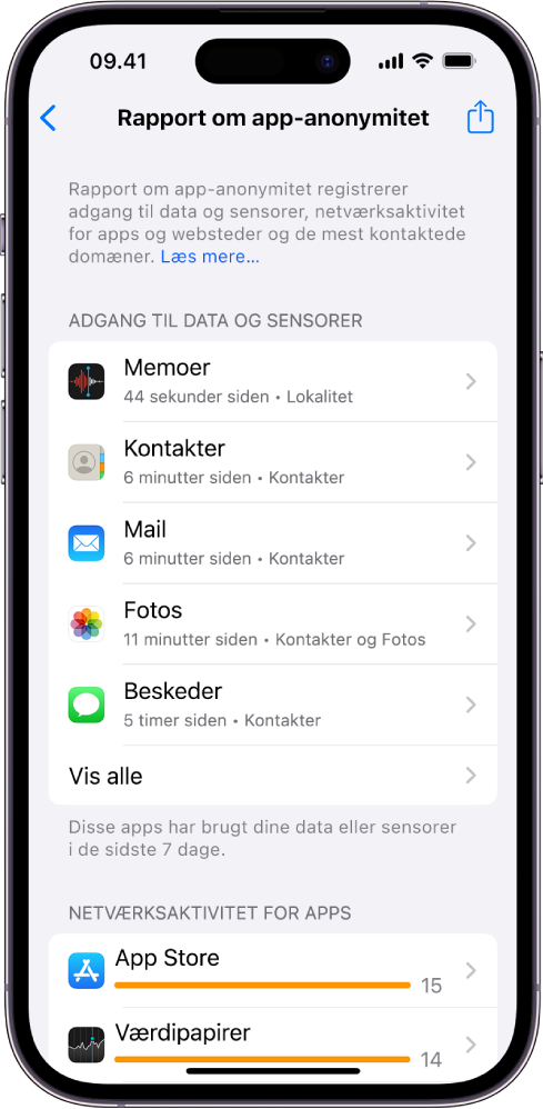 En rapport om app-anonymitet med oplysninger om fem apps under kategorien Adgang til data og sensorer og oplysninger om tre apps under kategorien Netværksaktivitet for apps.