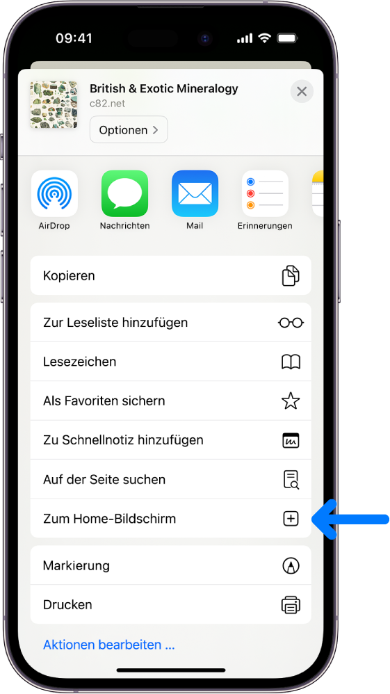 In Safari wurde auf die Taste „Teilen“ einer Website getippt. Dadurch wird eine Liste mit Optionen angezeigt, darunter die Option „Zu Home-Bildschirm hinzufügen“.