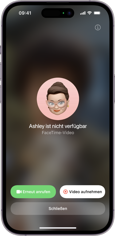 Der Bildschirm „FaceTime“ zeigt, dass die angerufene Person für den Anruf nicht verfügbar ist. Unten auf dem Bildschirm werden die Tasten „Erneut anrufen“, „Löschen“ und „Video aufnehmen“ angezeigt.