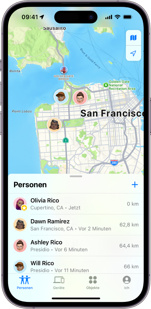 Der Bildschirm „Wo ist?“ zeigt die Liste „Personen“ und deren Standorte auf einer Karte.