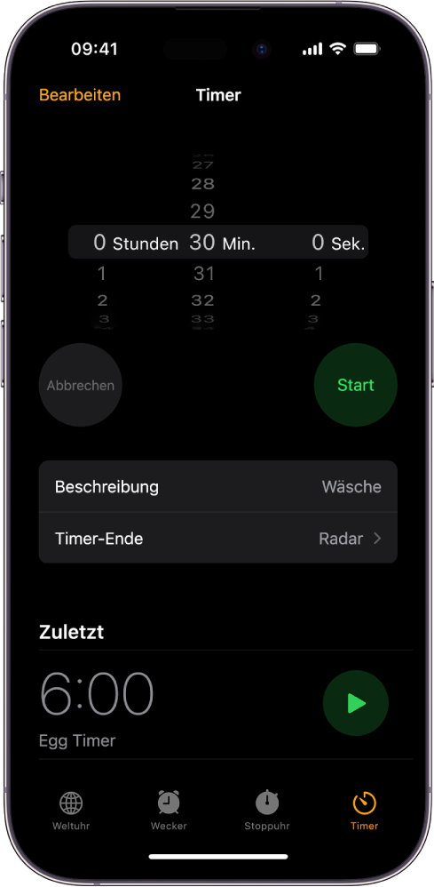 Bildschirm zum Hinzufügen eines Timers mit Einstellungen zum Festlegen der Dauer des Timers und einer Taste zum Starten eines kürzlich erstellten Timers.