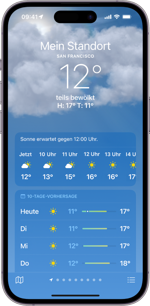 Auf dem Bildschirm „Wetter“ ist von oben nach unten Folgendes zu sehen: der Ort, die aktuelle Temperatur, die Höchst- und Tiefsttemperatur des Tages, die stündliche Vorhersage und die 10-Tage-Vorhersage. Die Anzahl der Punkte am unteren Bildschirmrand zeigt die Anzahl der Orte in der Ortsliste. Unten rechts befindet sich die Taste „Ortsliste“ und unten links ist die Taste „Karte einblenden“.