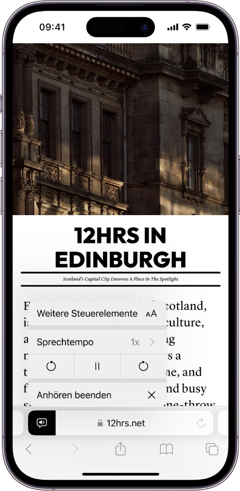 In Safari ist eine Website geöffnet. Die Taste „Seiteneinstellungen“ ist ausgewählt und die Steuerung zum Anhören wird angezeigt.