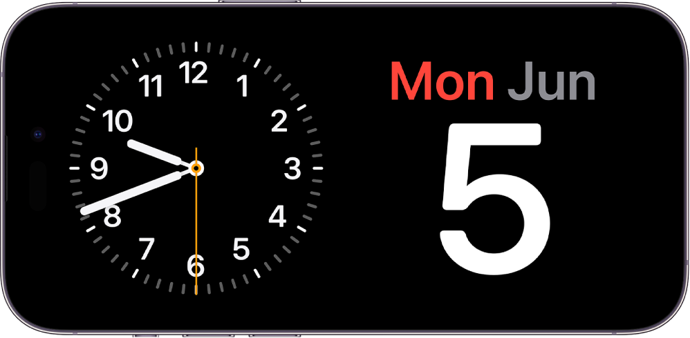 iPhone turned horizontally. The left side of the screen display a clock and the right side of the screen displays the date.