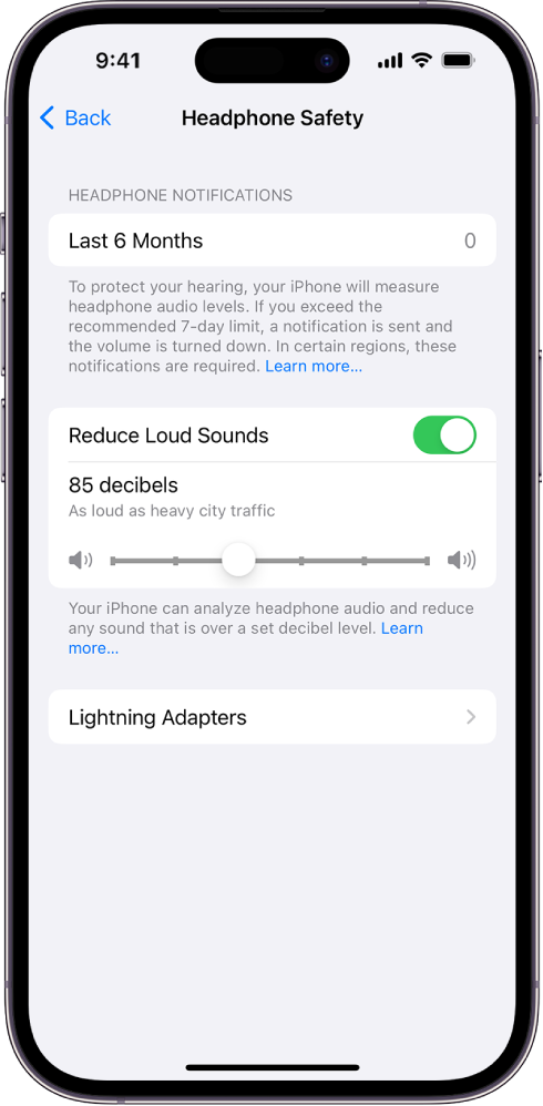 The Headphone Safety screen, showing the number of headphone notifications sent in the last 6 months, the Reduce Loud Sounds option, a slider for changing the maximum decibel level, and the selected decibel limit of 85 decibels.