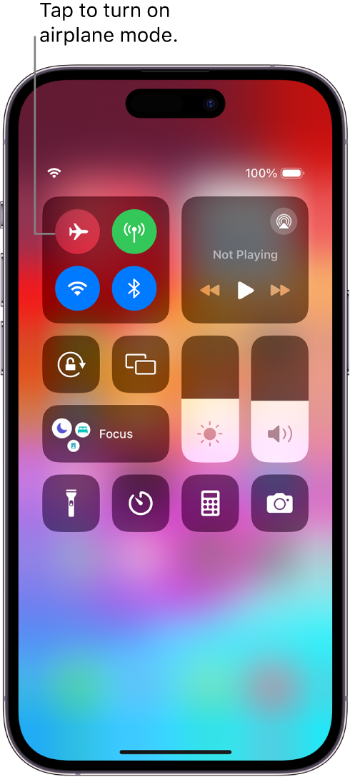 The Control Center screen showing that tapping the top-left button turns on airplane mode.