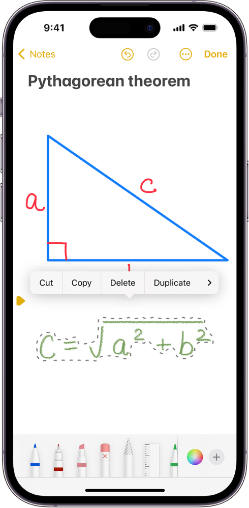 A note with a handwritten equation selected. Above the selection is a menu with options to cut, copy, delete, and more.