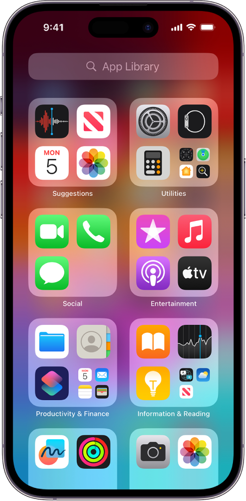 App Library on iPhone showing the apps organized by category (Utilities, Social, Entertainment, and so on).