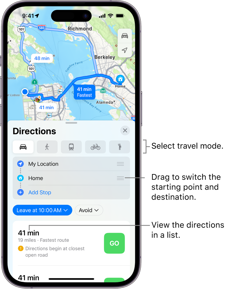 A map showing multiple driving routes between two locations, with options for choosing other travel modes, switching the starting point and destination, and viewing directions in a list.