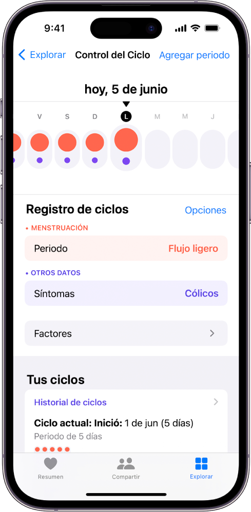 La pantalla Control del Ciclo mostrando una línea del tiempo de una semana en la parte superior. Los círculos rojos sólidos y los puntos morados marcan los primeros 5 días en la línea de tiempo. Debajo de la línea del tiempo hay opciones para agregar información sobre el periodo, los síntomas y más.
