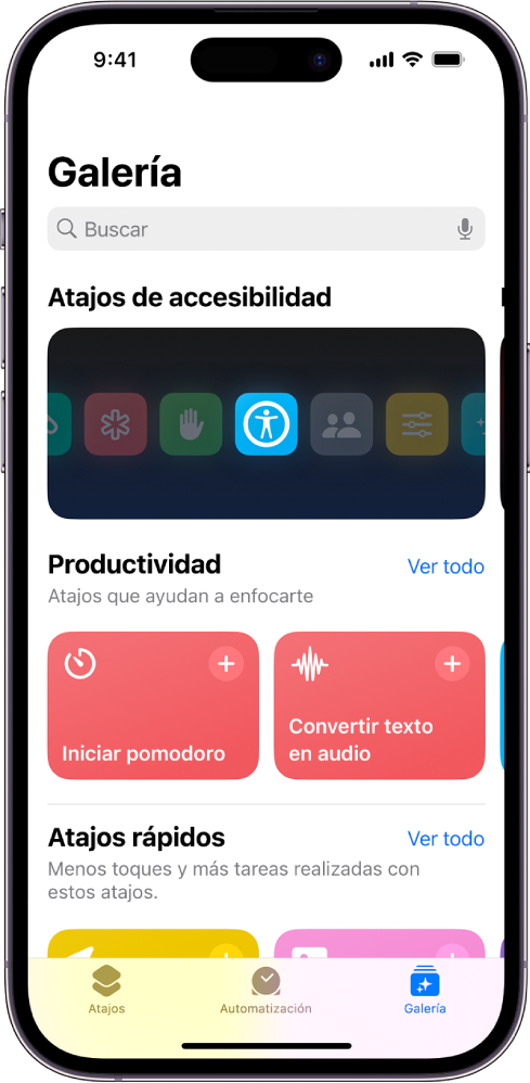 La pantalla Galería en la app Atajos con el campo de búsqueda en la parte superior. Debajo se muestran tres galerías: Atajos de accesibilidad, Productividad y Atajos rápidos. En la parte inferior de la pantalla se encuentran los botones Atajos, Automatización y Galería. Se selecciona el botón Galería.