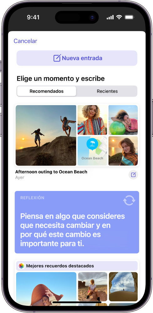 Una pantalla mostrando el botón Nueva entrada en la parte superior y sugerencias para escribir debajo.