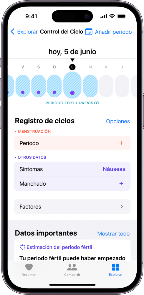 La pantalla de Control del Ciclo con una línea de tiempo cerca de la parte superior que muestra un periodo fértil previsto. Debajo de la línea de tiempo hay opciones para añadir información sobre periodos, síntomas y más.