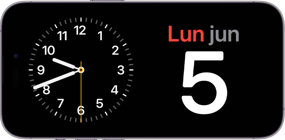 iPhone colocado en horizontal. La parte izquierda de la pantalla muestra un reloj, mientras que la fecha está en la derecha.