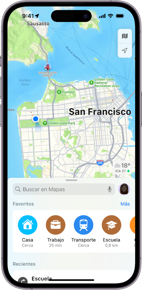 La pantalla de la app Mapas, con el campo de búsqueda en la mitad inferior de la pantalla. Debajo del campo de búsqueda están las siguientes ubicaciones guardadas como favoritas: Casa, Trabajo, “Transporte público” y Escuela.