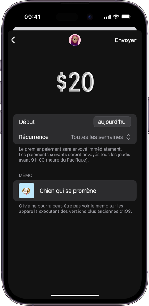 Un écran affichant des options pour envoyer un paiement récurrent.