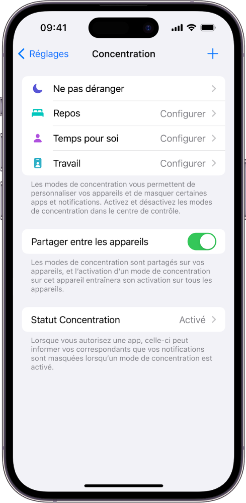 Un écran affichant quatre modes de concentration fournis : « Ne pas déranger », « Temps pour soi », Repos et Travail. Le bouton « Partage entre les appareils » vous permet d’utiliser les mêmes réglages Concentration sur tous vos appareils Apple sur lesquels vous êtes connecté avec le même identifiant Apple.