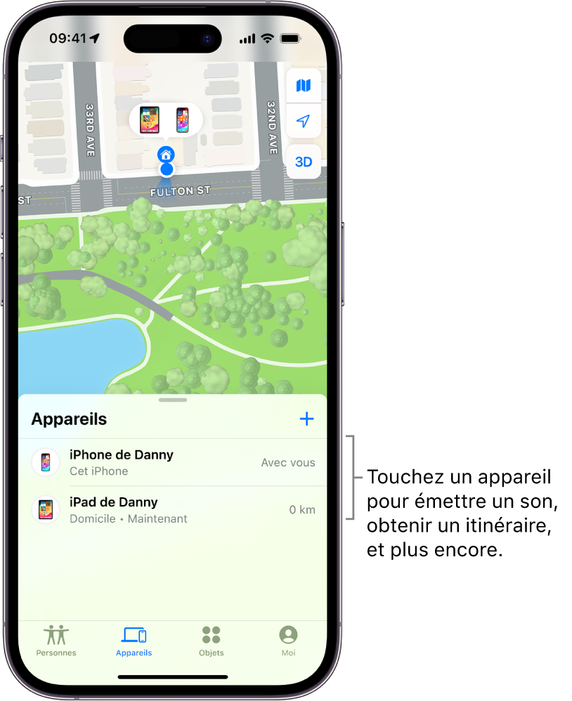 L’écran Localiser ouvert sur la liste Appareils. Il y a deux appareils dans la liste Appareils : iPhone de Danny et iPad de Danny. Leur position est affichée sur un plan.