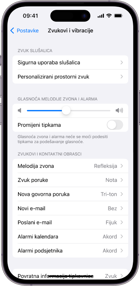 Zaslon Zvukovi i Vibracije u Postavkama. Opcije na zaslonu od vrha do dna su: Zvuk slušalica i Sigurna uporaba slušalica, Glasnoća melodije zvona i alarma s kliznikom za podešavanje glasnoće i mogućnošću promjene glasnoće tipkama te Zvukovi i kontaktni obrasci, uključujući Melodiju zvona i Zvuk poruke.