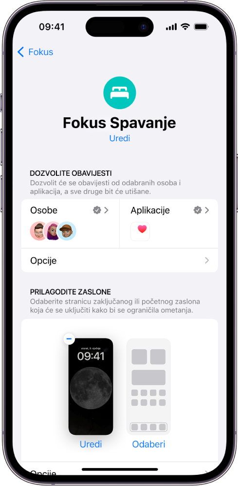 Zaslon fokus Spavanje pokazuje da se obavijesti mogu slati od tri osobe i jedne aplikacije.