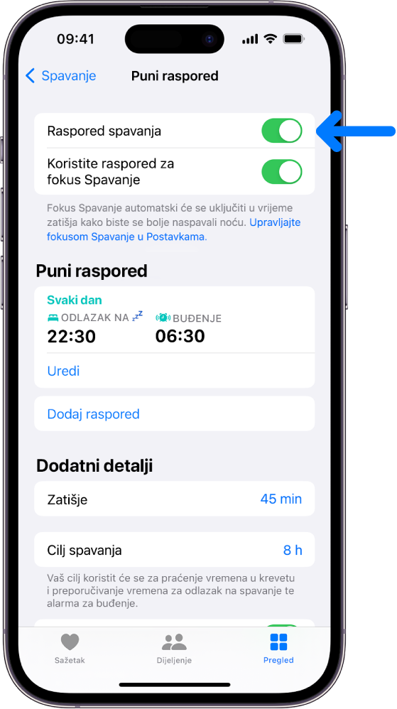 Zaslon za spavanje Puni raspored u aplikaciji Zdravlje s uključenim Rasporedom spavanja pri vrhu.