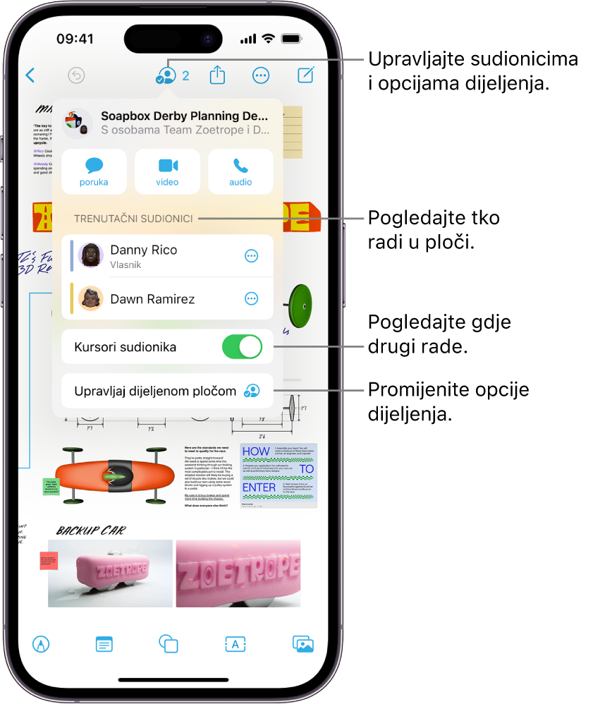 Dijeljena Freeform ploča na iPhoneu s otvorenim izbornikom za suradnju.