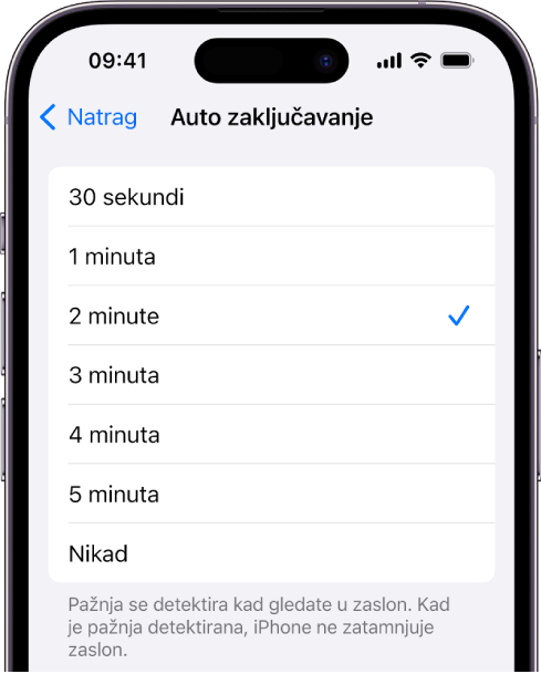 Zaslon Auto zaključavanje, s postavkama za duljinu vremena prije nego se iPhone automatski zaključa.