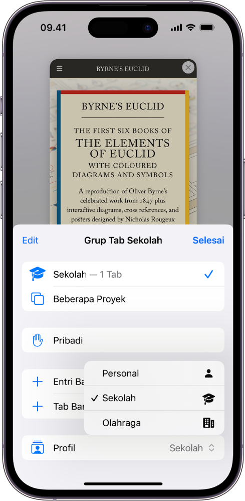 Profil bernama Sekolah dipilih di menu Profil Safari, dan menu Grup Tab Sekolah dibuka di setengah bawah layar.