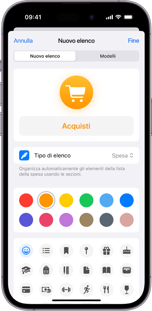 La schermata per creare un nuovo elenco in Promemoria. Puoi personalizzare il nome, il tipo di elenco, il colore e l’icona.