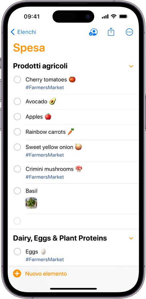Una schermata che mostra una lista della spesa in Promemoria. Alcuni elementi nell’elenco hanno tag e foto allegate. In basso a sinistra è presente il pulsante “Nuovo elemento”.