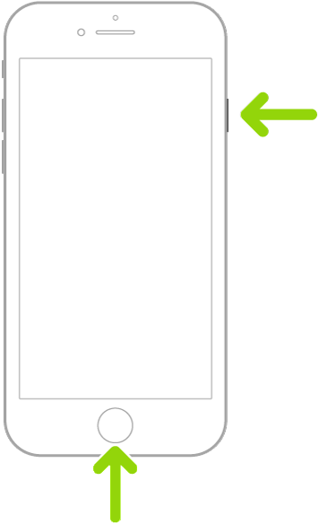 Touch IDを搭載したiPhone。1つの矢印はサイドボタンを、もう1つの矢印はホームボタンを指して、スクリーンショットの撮影方法を示しています。