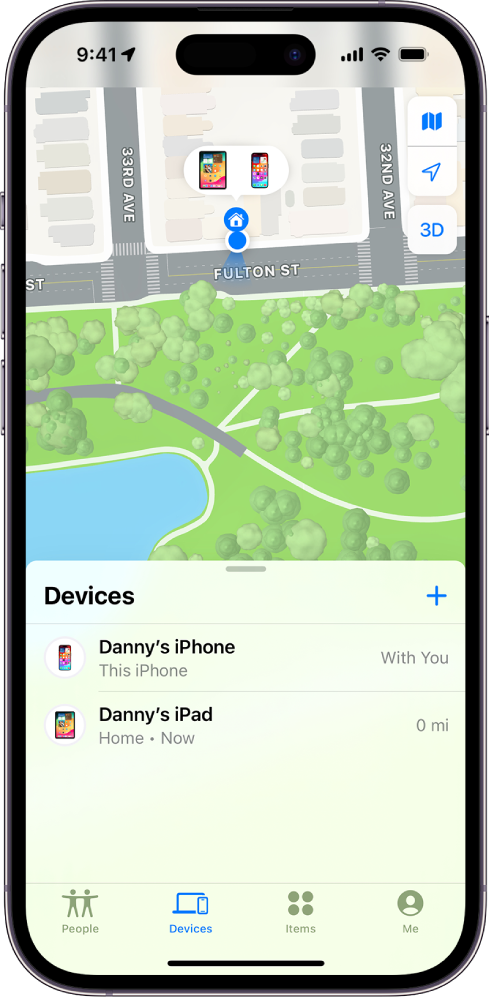 Ekrāns Find My ar divām ierīcēm sākumā.