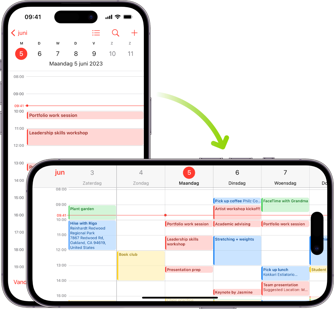 Op de achtergrond zie je een iPhone in de staande schermstand, met daarop Agenda met de activiteiten voor één dag. Op de voorgrond zie je de iPhone in de liggende schermstand en zijn de Agenda-activiteiten voor de hele week met diezelfde dag te zien.
