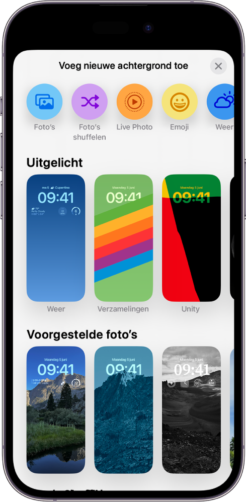 Het scherm 'Voeg nieuwe achtergrond toe', met een galerie van achtergronden waarmee je het iPhone-toegangsscherm kunt aanpassen.