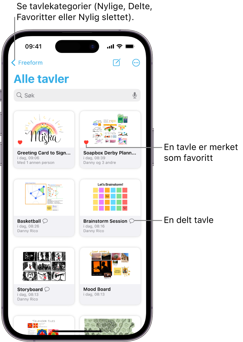 Alle tavler-skjermen i Freeform er åpen, og miniatyrbilder av åtte tavler vises.