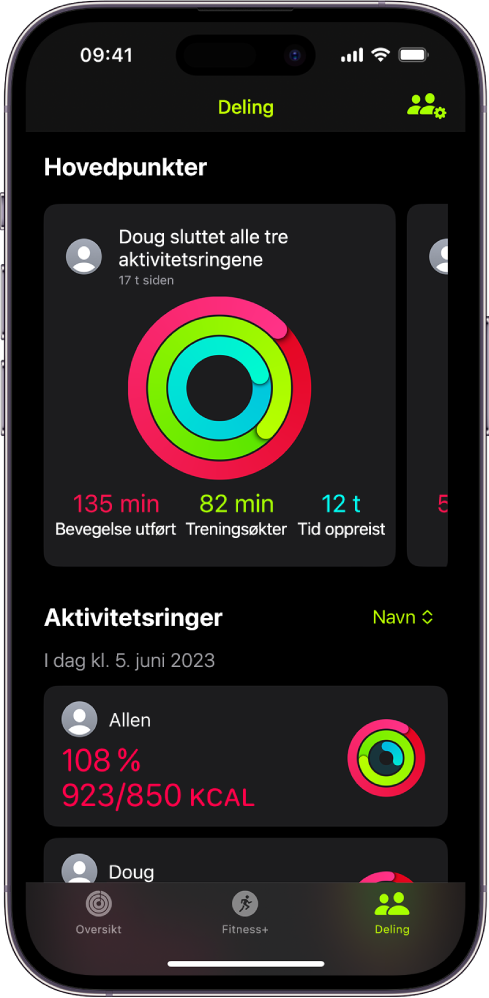 Deling-skjermen i Mosjon, med aktivitetsringer og aktivitetshøydepunkter for en person og vennene deres.