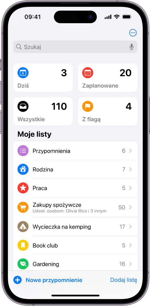 Ekran aplikacji Przypomnienia, zawierający kilka list przypomnień. U góry widoczne jest pole wyszukiwania. Poniżej znajdują się listy inteligentne: przypomnienia na dzisiaj, przypomnienia zaplanowane, wszystkie przypomnienia oraz przypomnienia z flagą. W prawym dolnym rogu widoczny jest przycisk Dodaj listę.