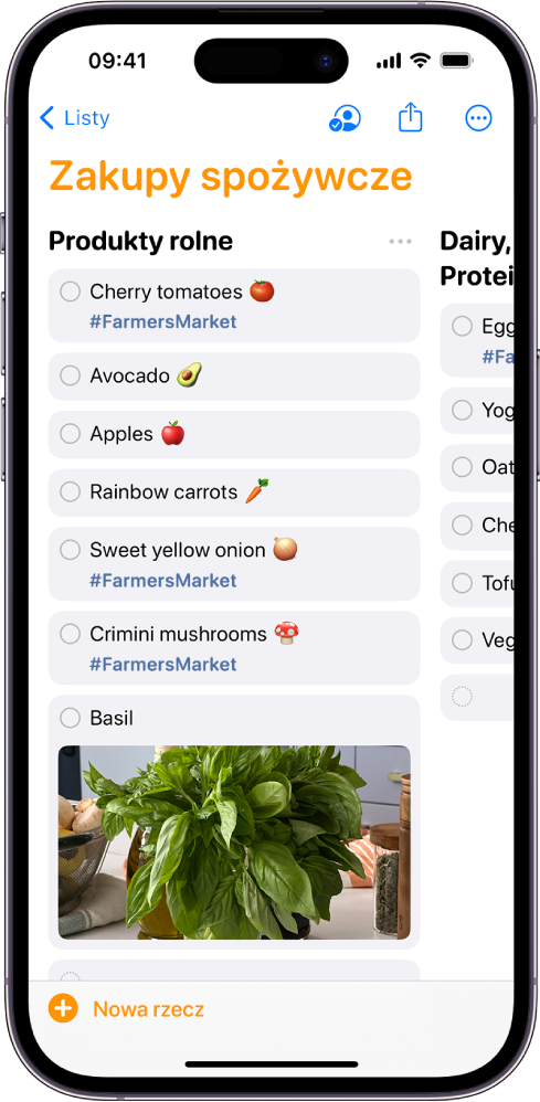 Lista zakupów w aplikacji Przypomnienia. Lista jest podzielona na pionowe kolumny.