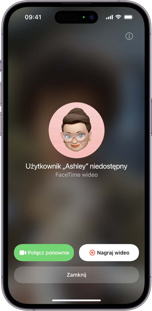 Ekran aplikacji FaceTime z informacją, że osoba, z którą nawiązywane jest połączenie, jest niedostępna. Na dole ekranu znajdują się przyciski Połącz ponownie oraz Nagraj wideo.